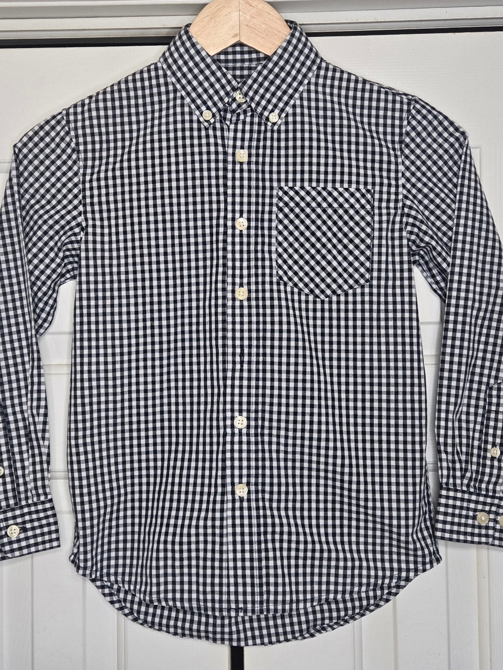 Basic Editions Boys M 8 Gingham Button Down Shirt Black White Long Sleeve School